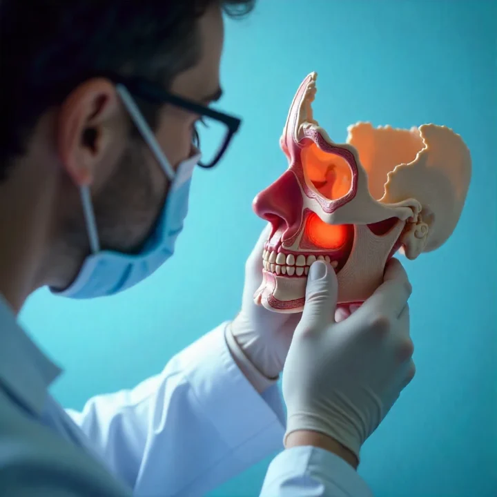 ENT doctor explaining sinus anatomy using skull model